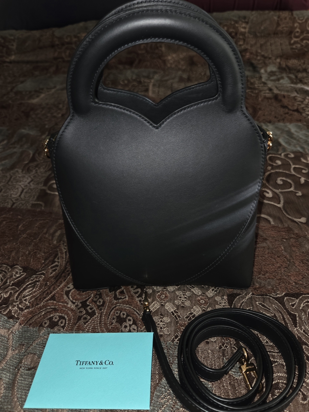 Tiffany & Co. Authentic Black Leather Heart Tote with Gold Chain Raised Letters - Picture 4 of 11